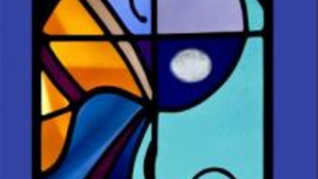 blue cover with a stained glass window